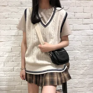 3 colors autumn and winter preppy style v neck knitted sleeveless vest sweaters womens pullovers womens