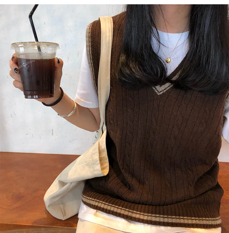 3 colors autumn and winter preppy style v neck knitted sleeveless vest sweaters womens pullovers womens