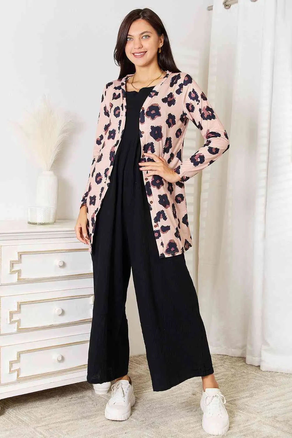 Animal Print Button Front Longline Cardigan