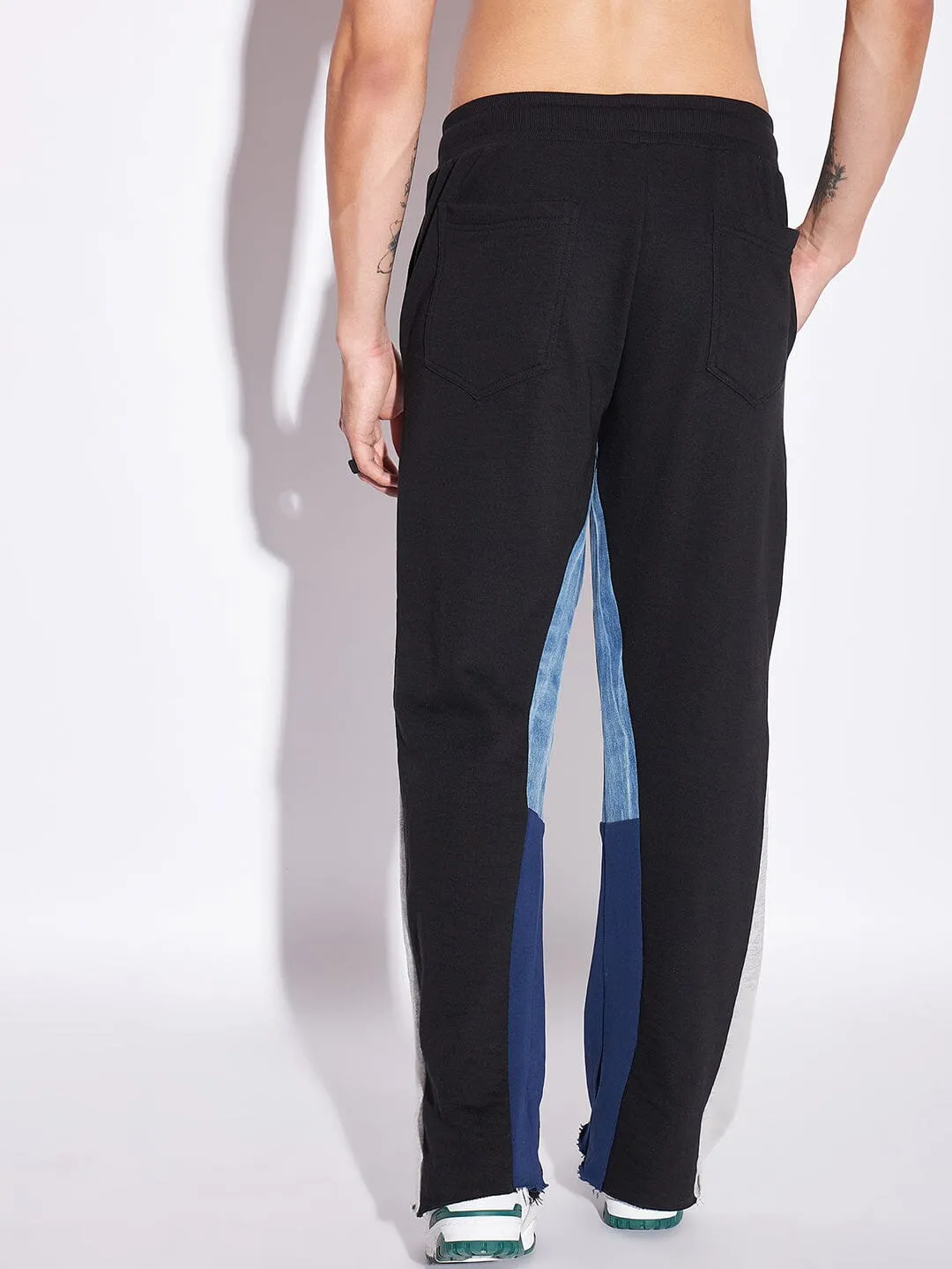 Black Denim Panel Flared Trackpants