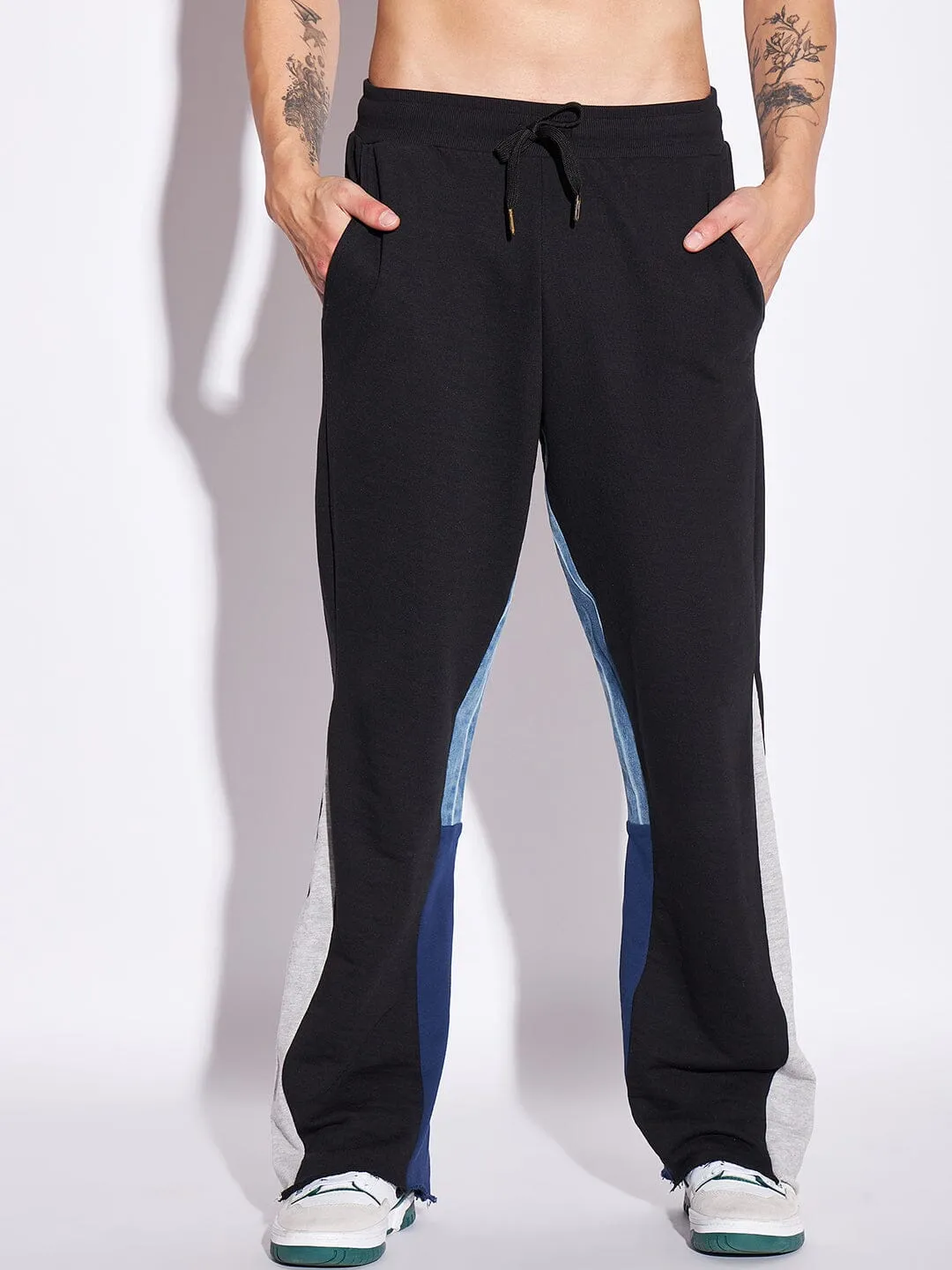 Black Denim Panel Flared Trackpants