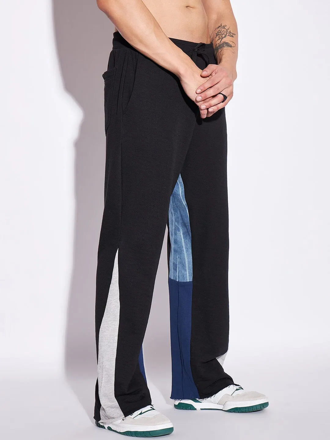 Black Denim Panel Flared Trackpants