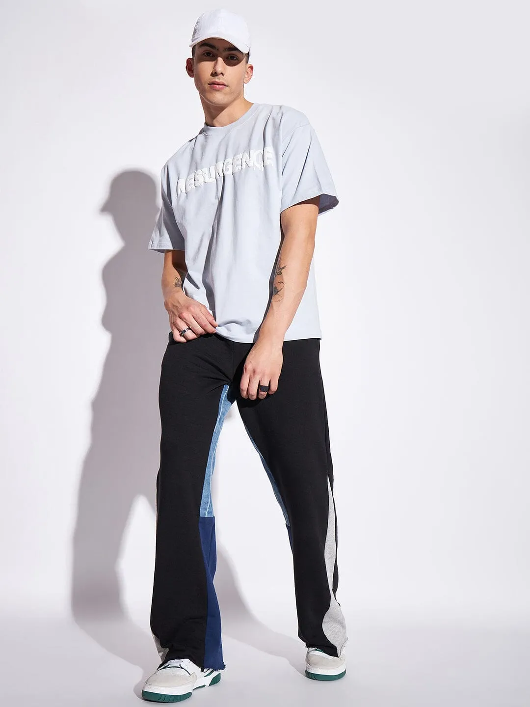 Black Denim Panel Flared Trackpants