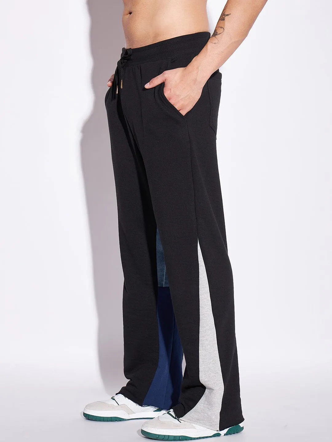 Black Denim Panel Flared Trackpants