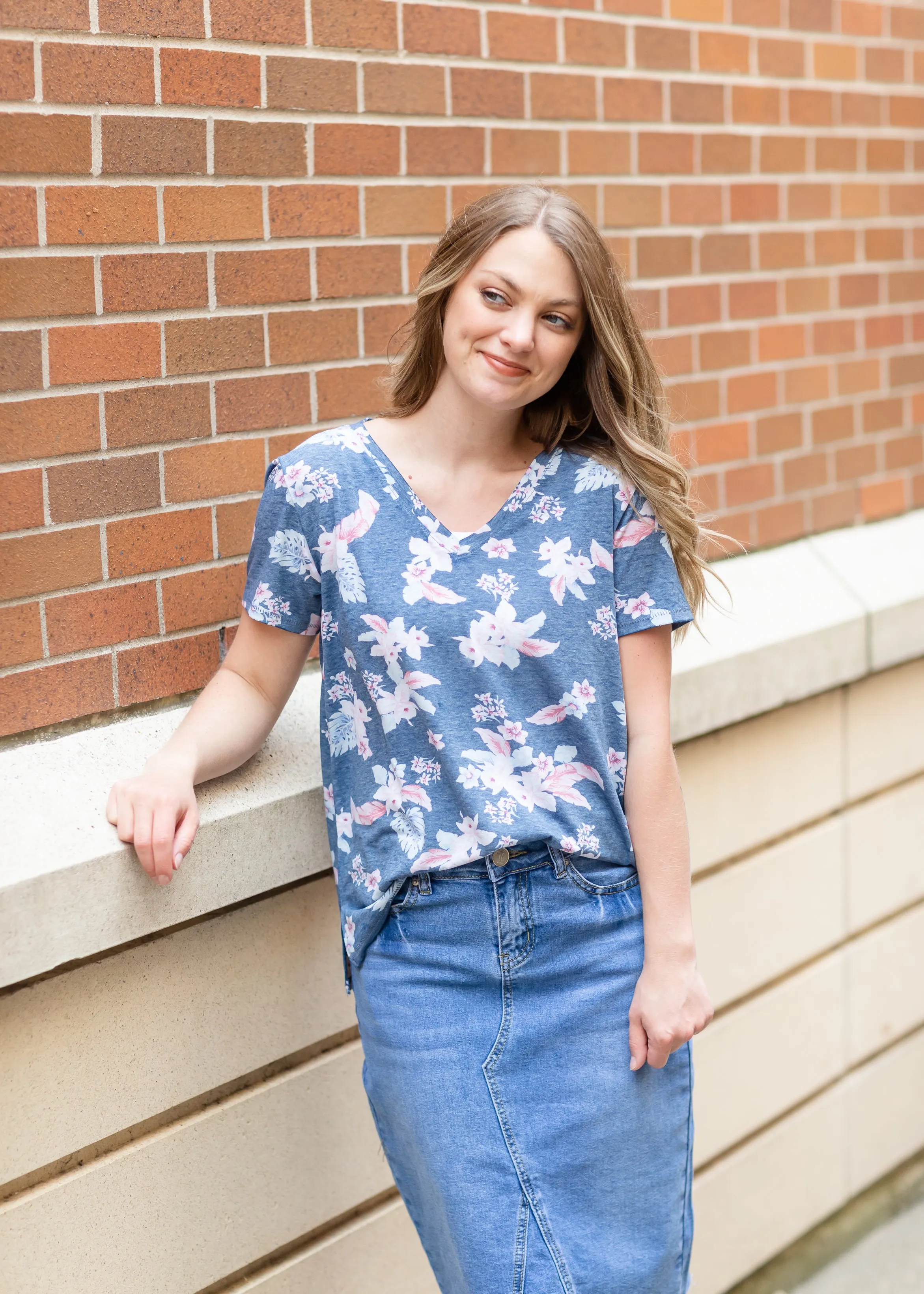 Blue Floral Classic V-Neck