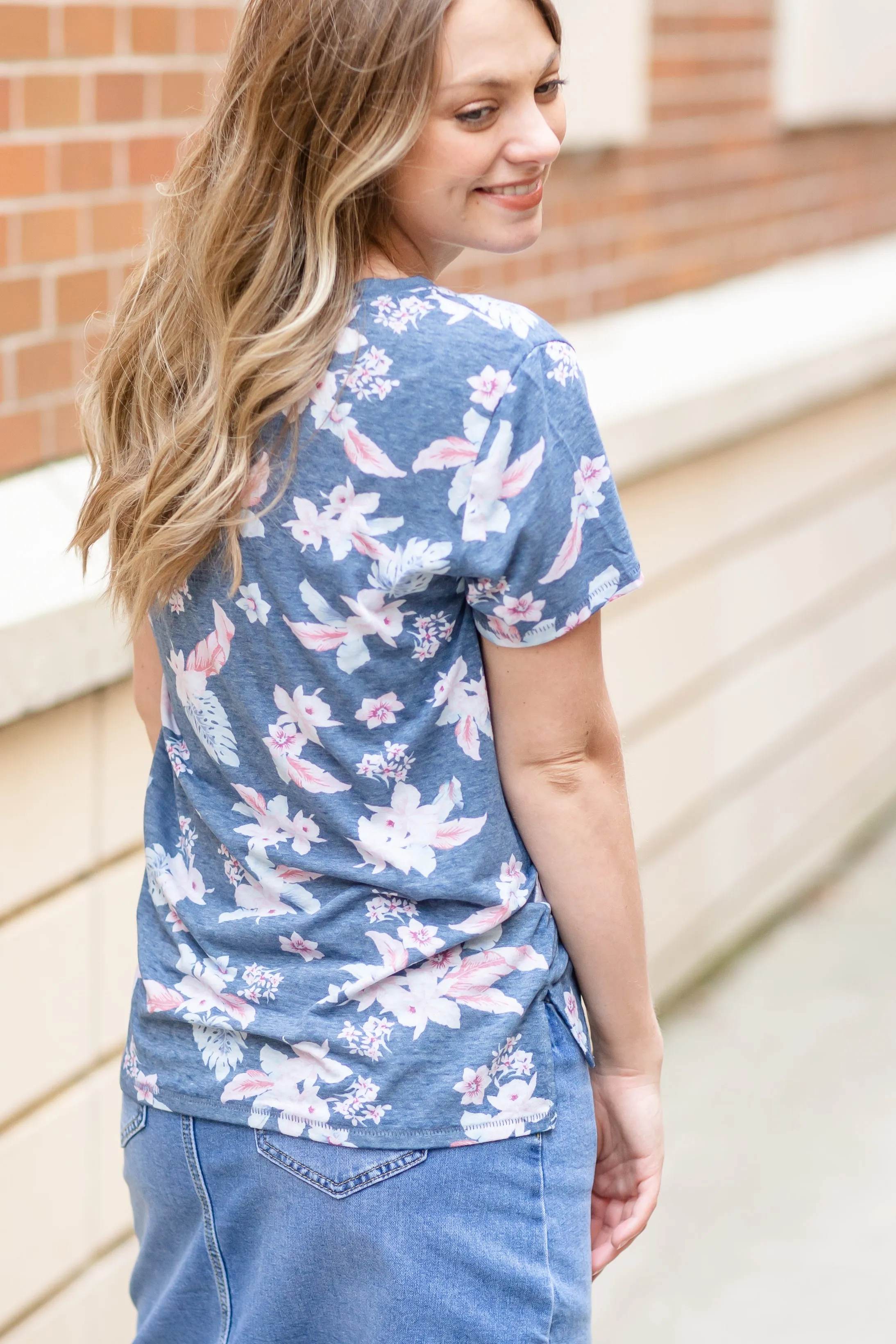 Blue Floral Classic V-Neck