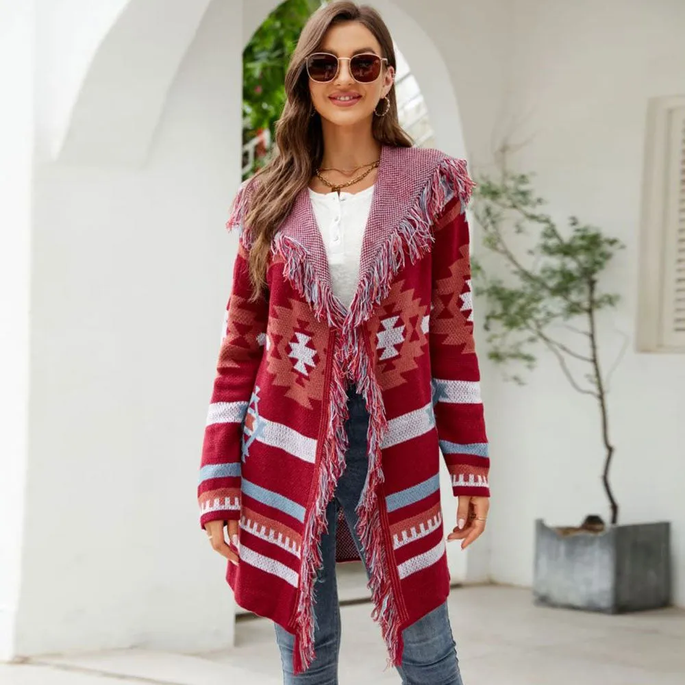 Boho Fringe Trim Open Front Hooded Geometric Jacquard Knit Cardigan