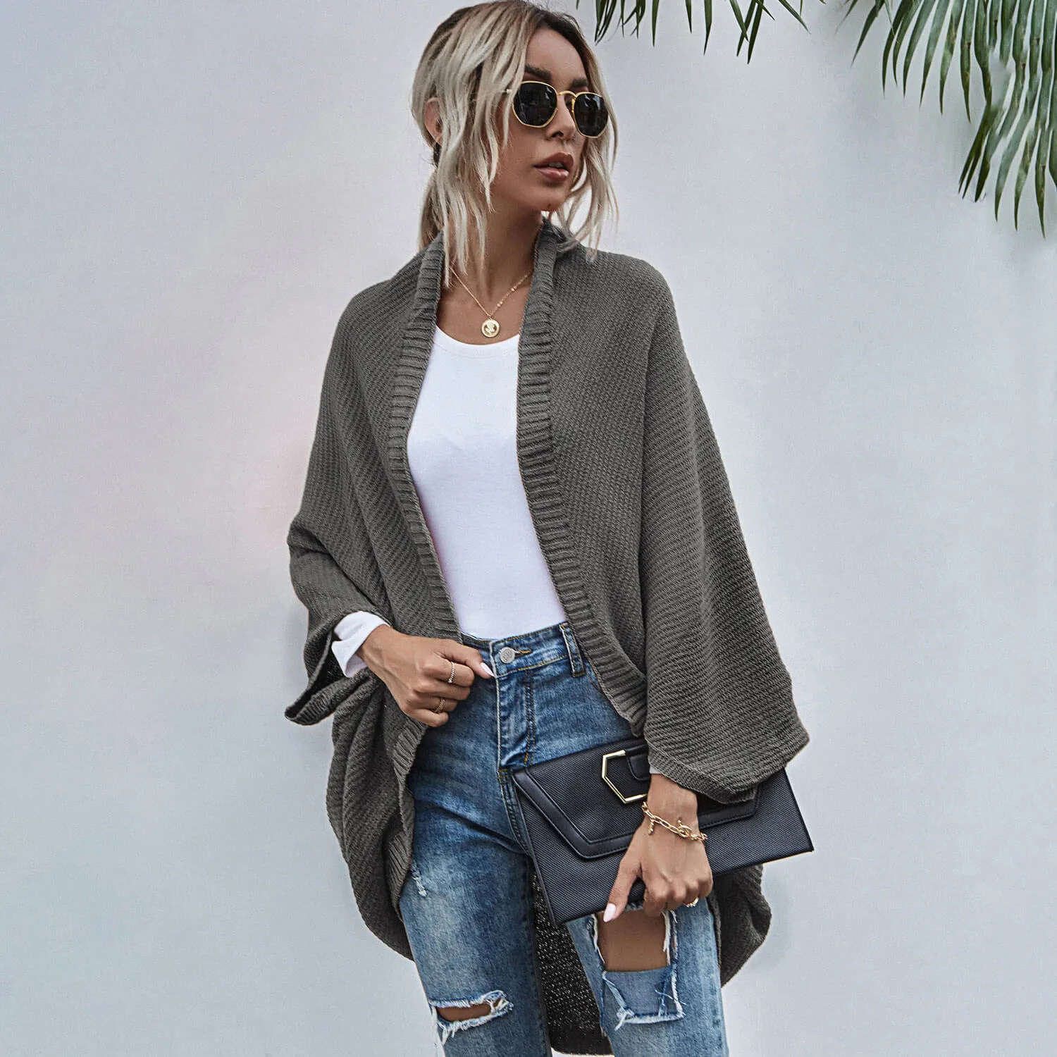 Casual Monochrome Chunky Knit Open Front Batwing Sleeve Oversized Cape Cardigan