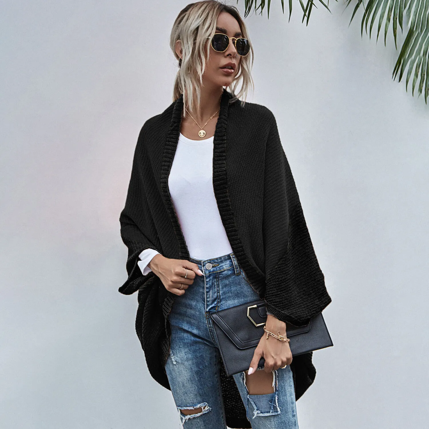 Casual Monochrome Chunky Knit Open Front Batwing Sleeve Oversized Cape Cardigan