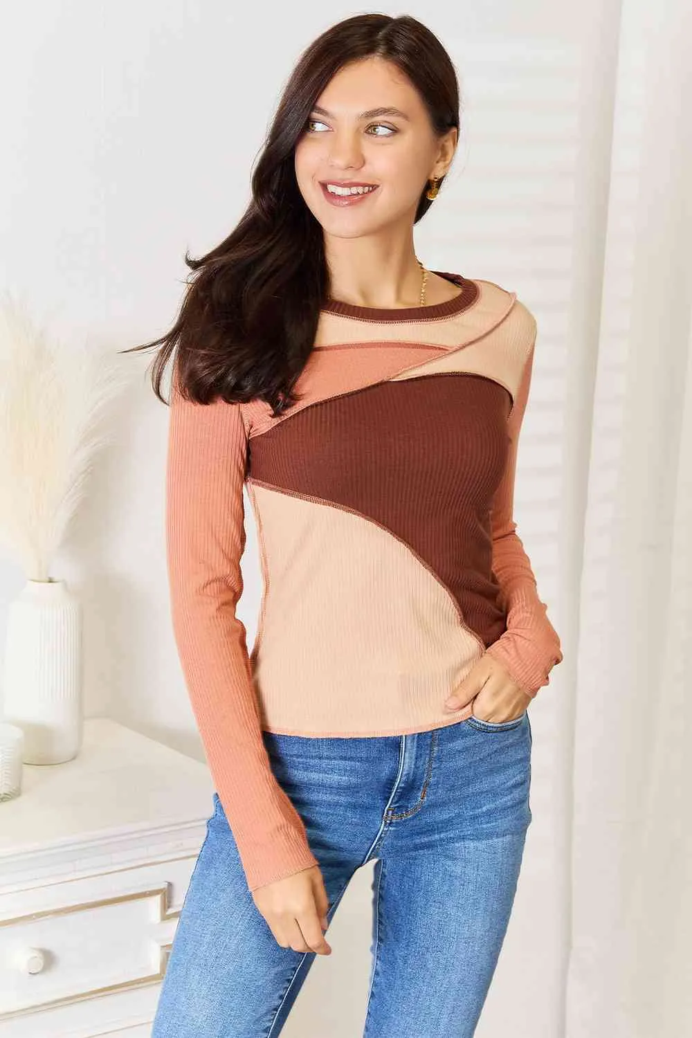 Chestnut Color Block Exposed Seam Long Sleeve Top