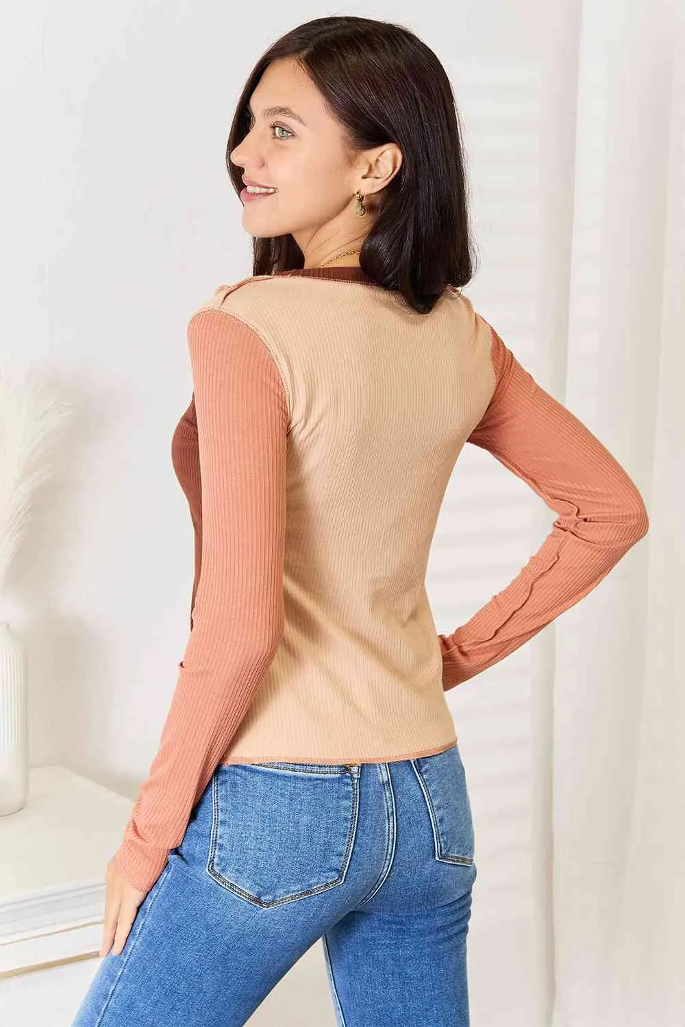 Chestnut Color Block Exposed Seam Long Sleeve Top