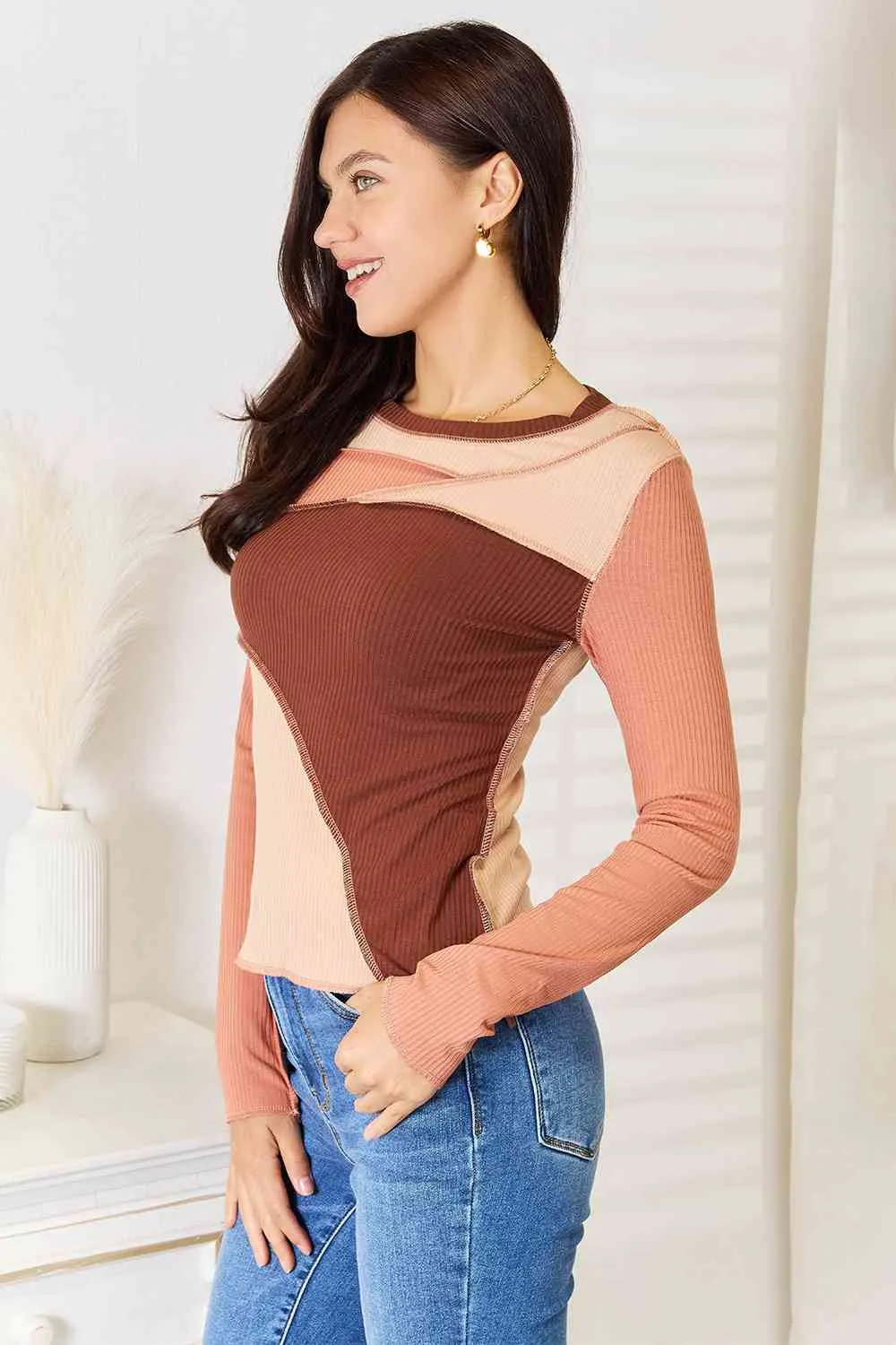 Chestnut Color Block Exposed Seam Long Sleeve Top