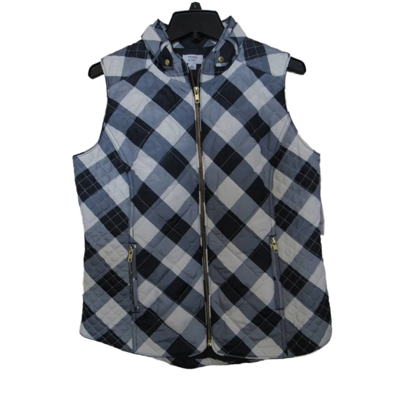 Crown & Ivy Quilted Puffer Vest Blue Buffalo Check Medium