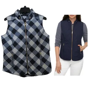 Crown & Ivy Quilted Puffer Vest Blue Buffalo Check Medium