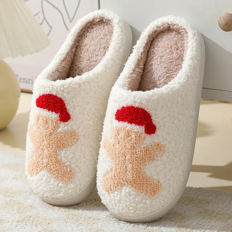 Cute Cartoon Santa Claus Cotton Slippers for Couples - Warm Furry Winter Shoes for Men and Women.