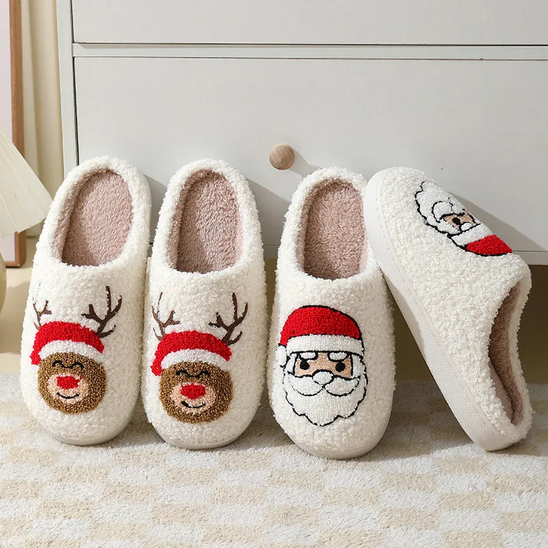 Cute Cartoon Santa Claus Cotton Slippers for Couples - Warm Furry Winter Shoes for Men and Women.