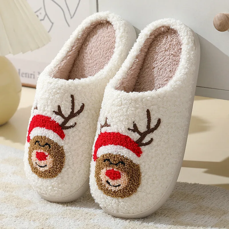 Cute Cartoon Santa Claus Cotton Slippers for Couples - Warm Furry Winter Shoes for Men and Women.