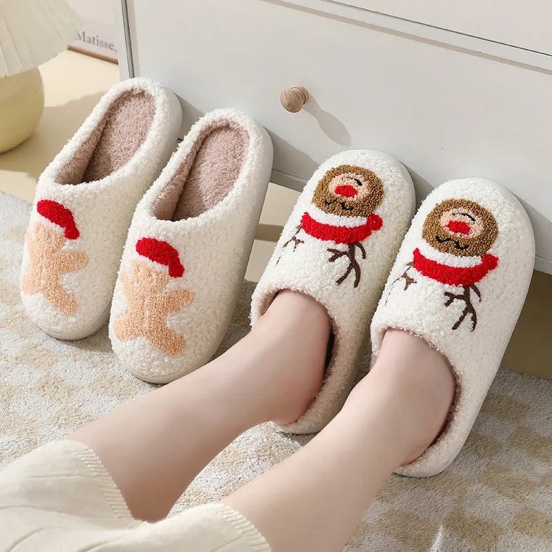 Cute Cartoon Santa Claus Cotton Slippers for Couples - Warm Furry Winter Shoes for Men and Women.