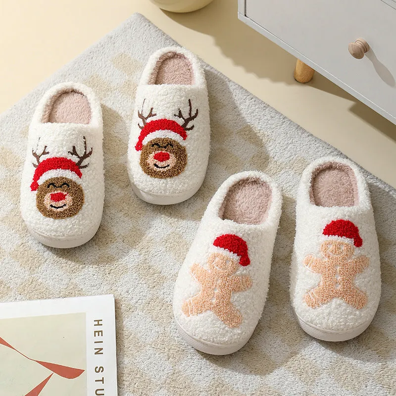 Cute Cartoon Santa Claus Cotton Slippers for Couples - Warm Furry Winter Shoes for Men and Women.