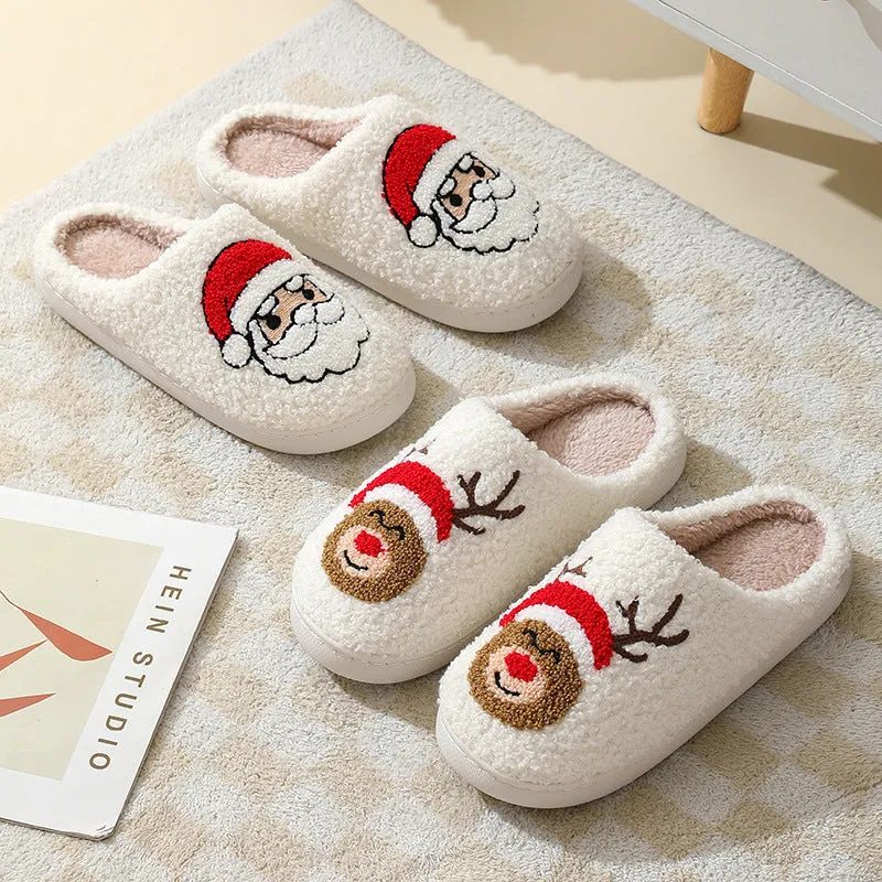 Cute Cartoon Santa Claus Cotton Slippers for Couples - Warm Furry Winter Shoes for Men and Women.