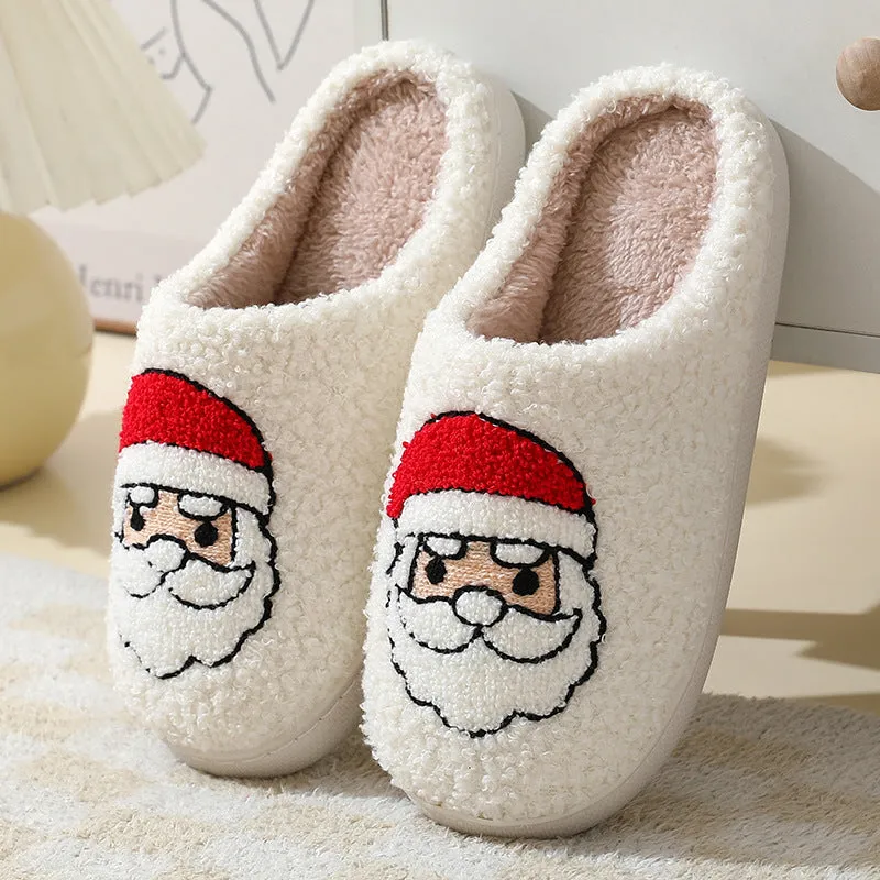 Cute Cartoon Santa Claus Cotton Slippers for Couples - Warm Furry Winter Shoes for Men and Women.