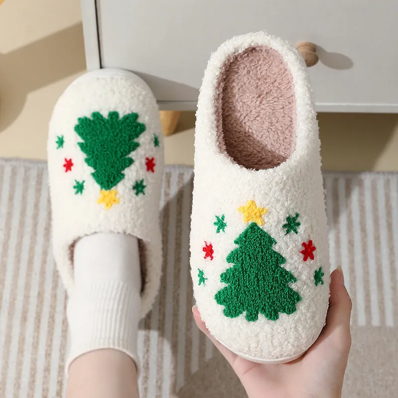 Cute Cartoon Santa Claus Cotton Slippers for Couples - Warm Furry Winter Shoes for Men and Women.