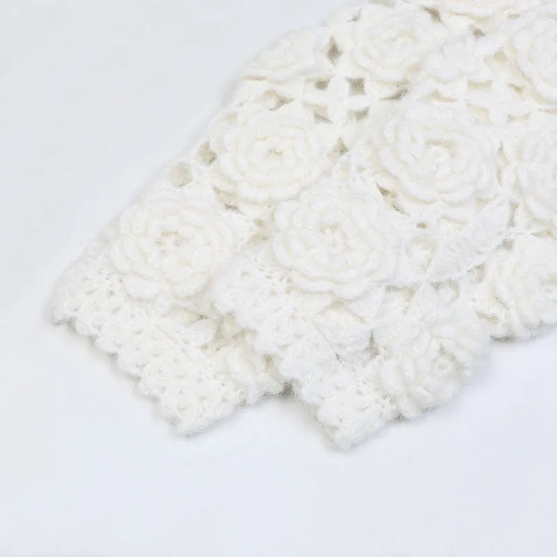 Cute White Rosette Crochet Hand Knit Button Up Wool Blend Crop Cardigan