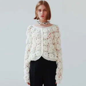 Cute White Rosette Crochet Hand Knit Button Up Wool Blend Crop Cardigan