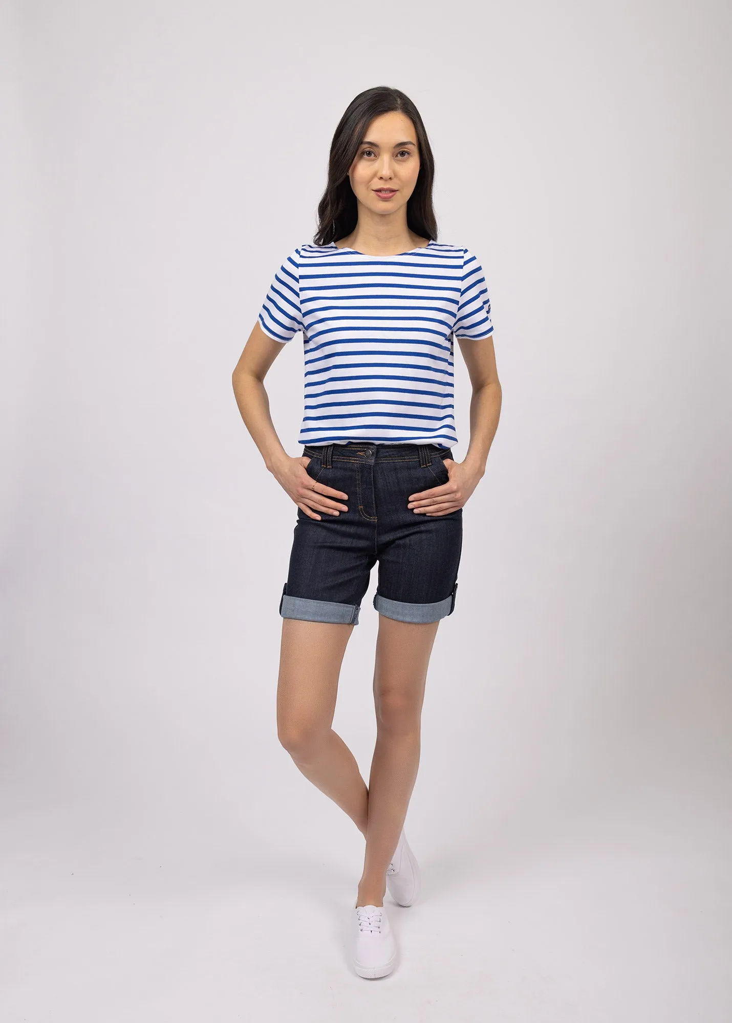 ETRILLE - Nautical Stripe Tee with Short Sleeves | Soft Cotton | Women Fit (WHITE / ROYAL BLUE)