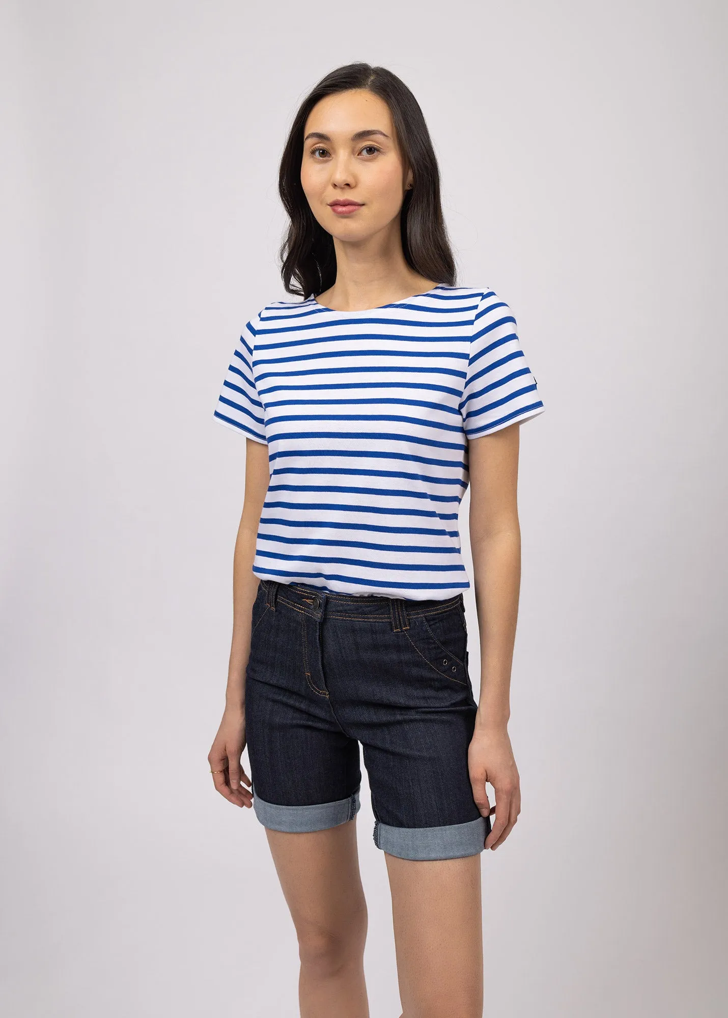 ETRILLE - Nautical Stripe Tee with Short Sleeves | Soft Cotton | Women Fit (WHITE / ROYAL BLUE)