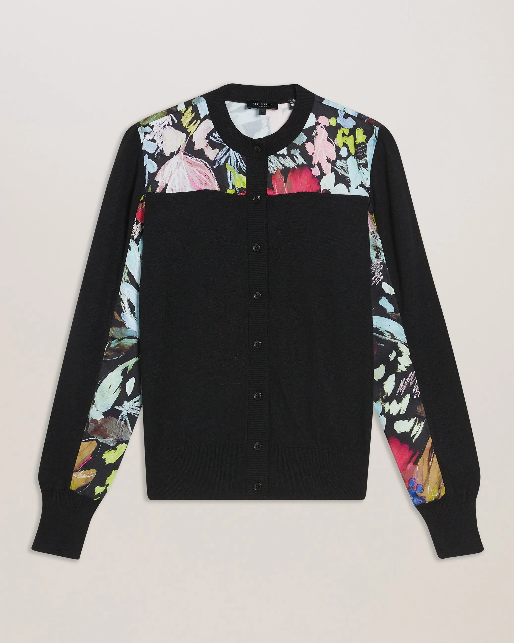 Iileena Woven Floral Panel Cardigan Black