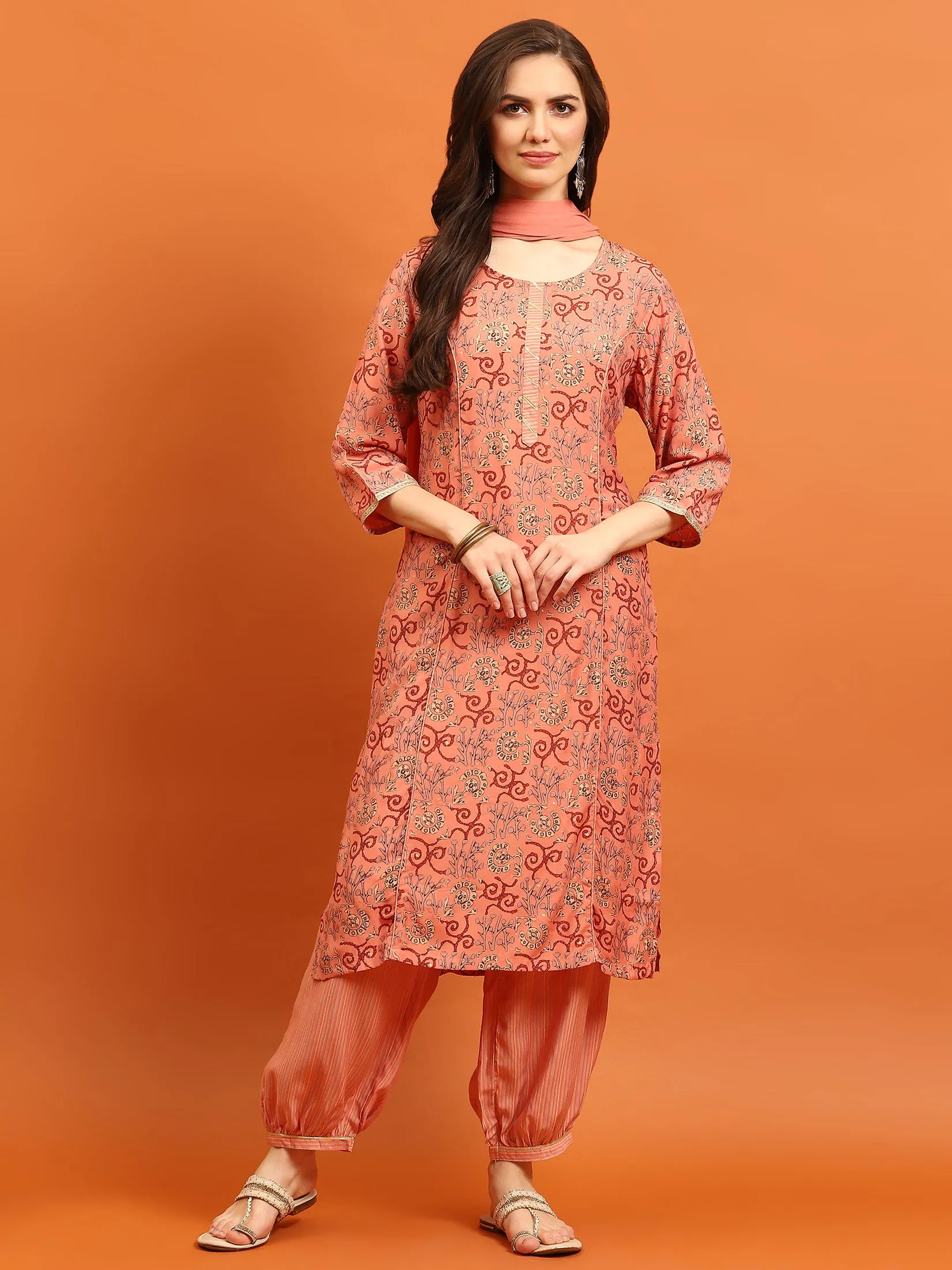 Indiessence Women Peach Abstract Printed Kurta Harem Pant Dupatta