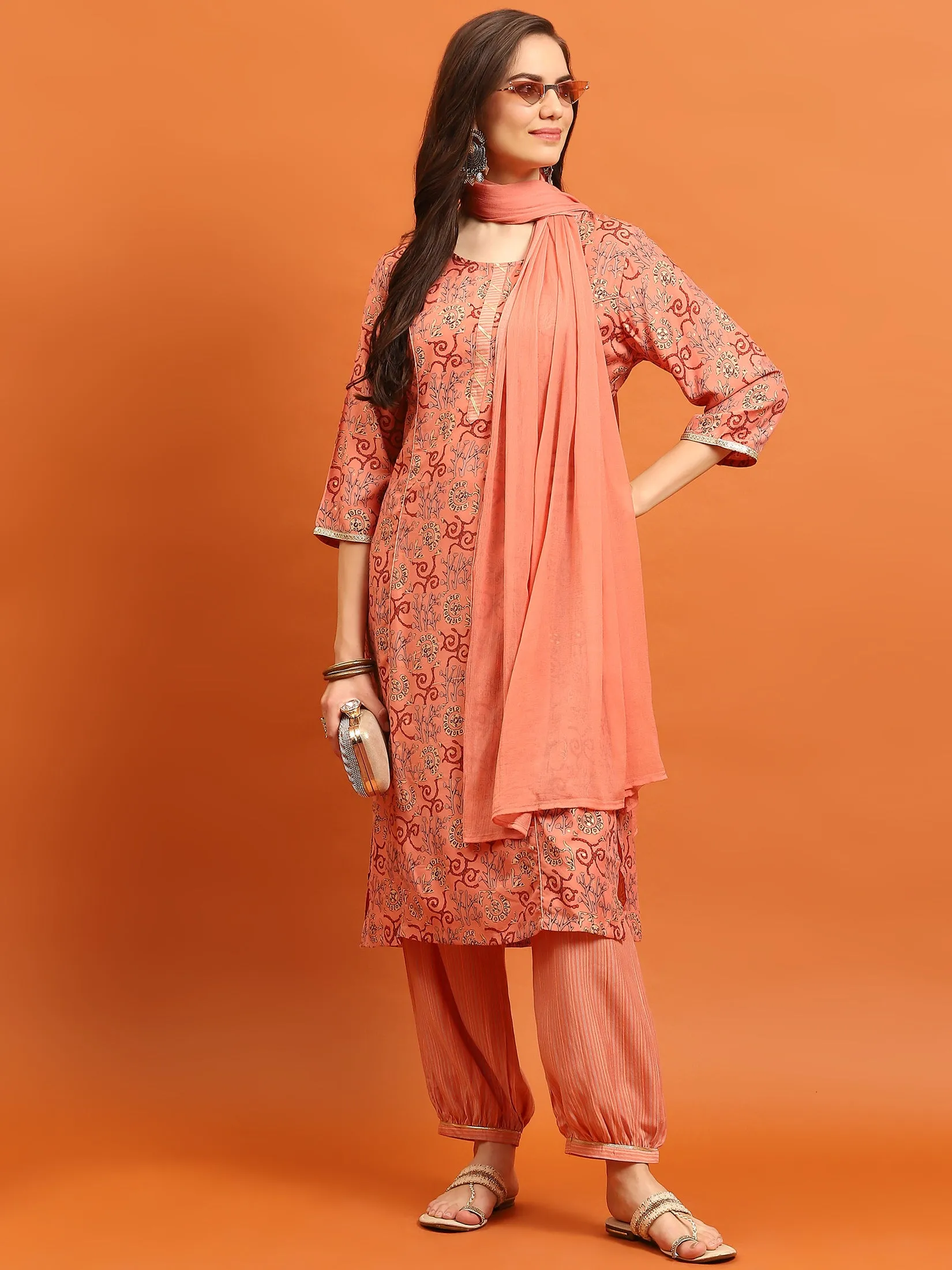 Indiessence Women Peach Abstract Printed Kurta Harem Pant Dupatta