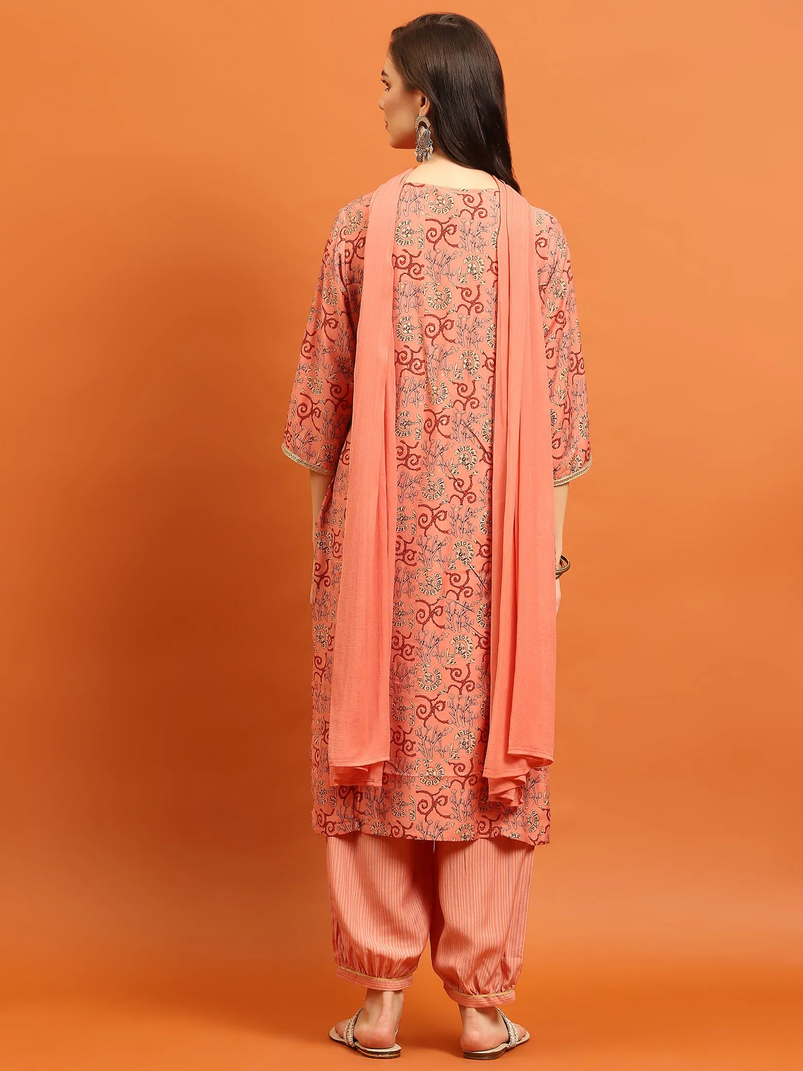 Indiessence Women Peach Abstract Printed Kurta Harem Pant Dupatta