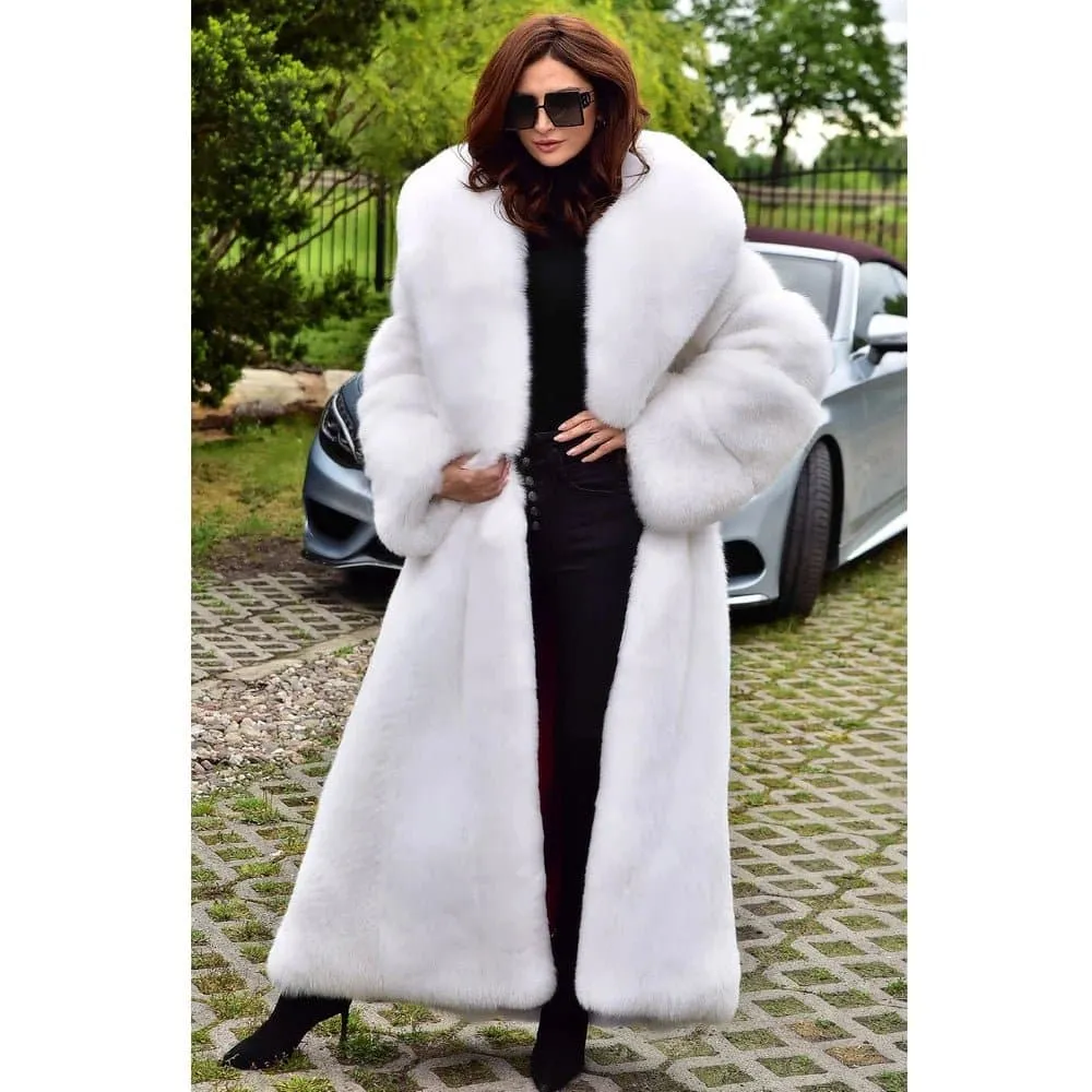 Long Fox Fur Coat With Turn-down Collar