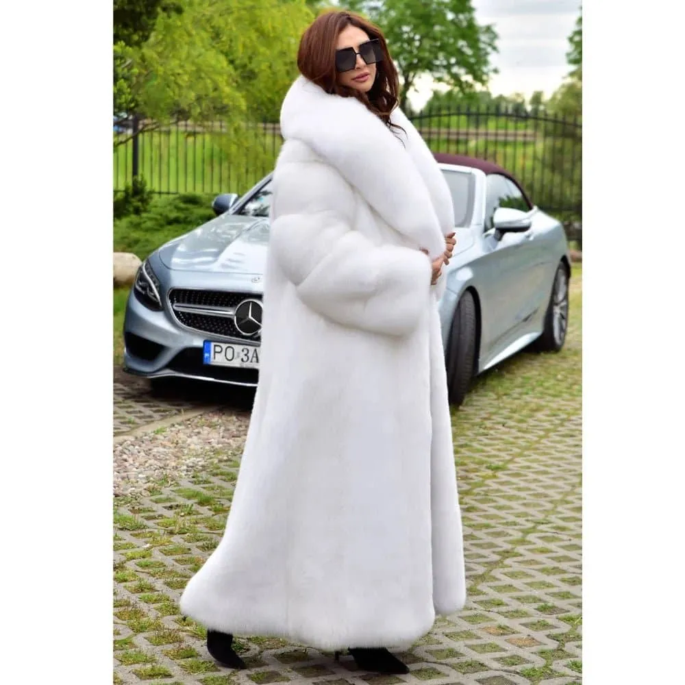 Long Fox Fur Coat With Turn-down Collar