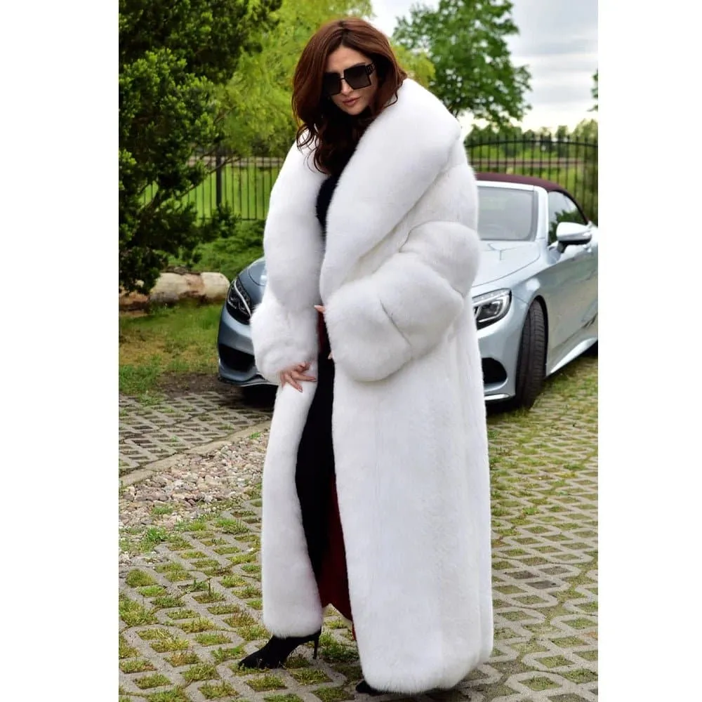 Long Fox Fur Coat With Turn-down Collar