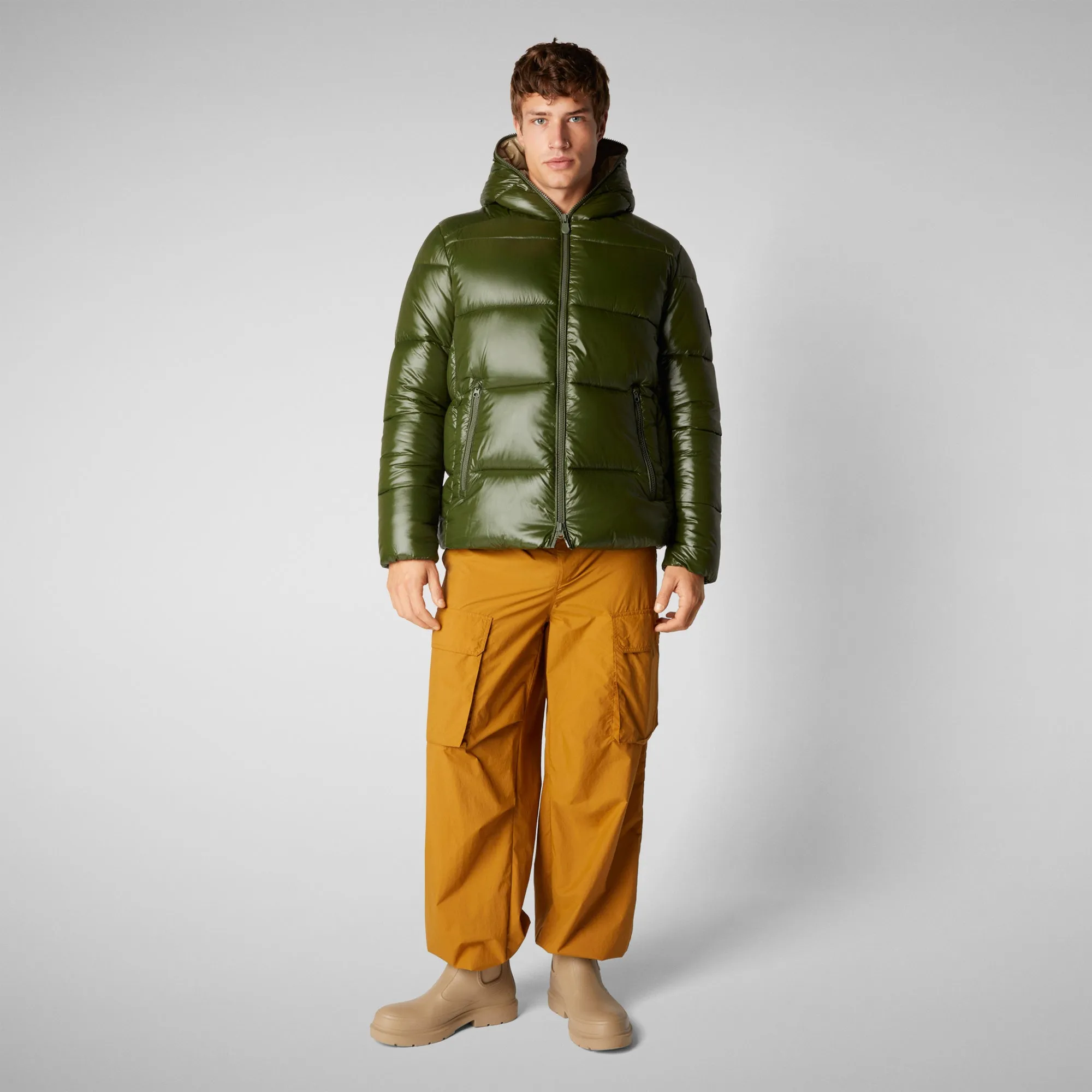 Man's animal free hooded puffer jacket Edgard in pine green