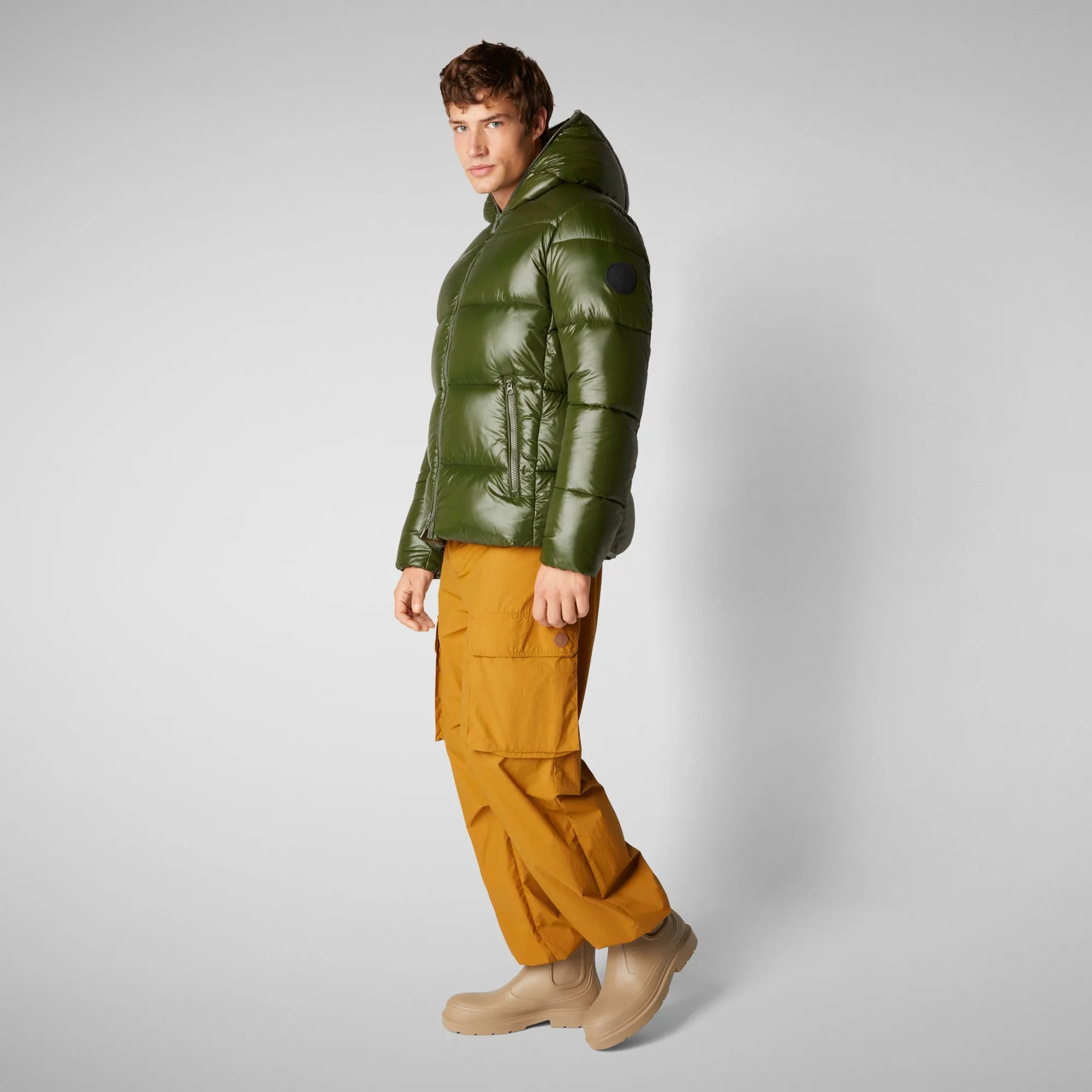 Man's animal free hooded puffer jacket Edgard in pine green