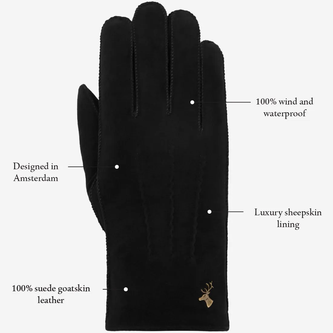 Matthew (black) - suede goatskin leather gloves with luxurious sheep fur lining