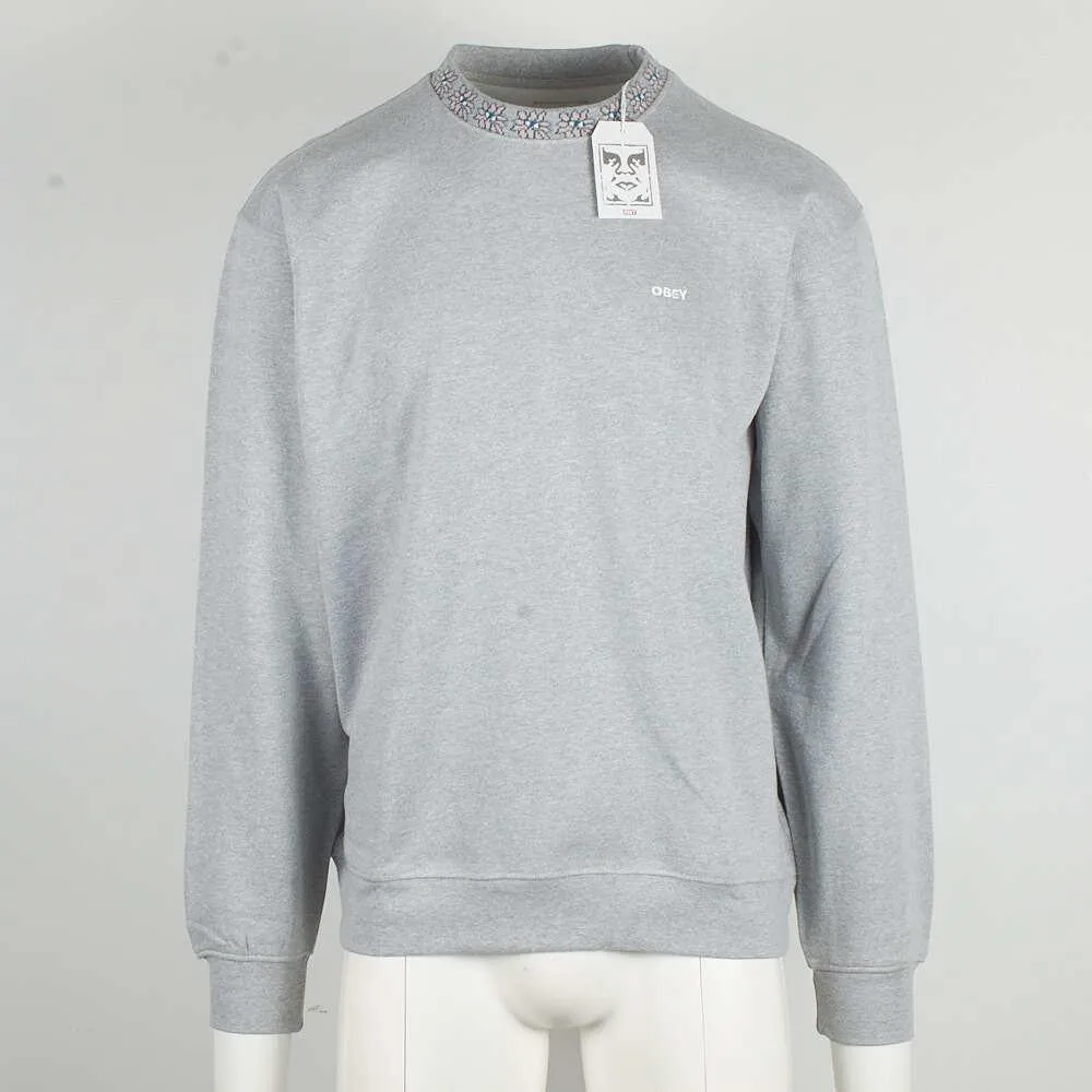 Obey Men's Heather Grey Floral Collar Crew Neck L/S Sweater (S02A)