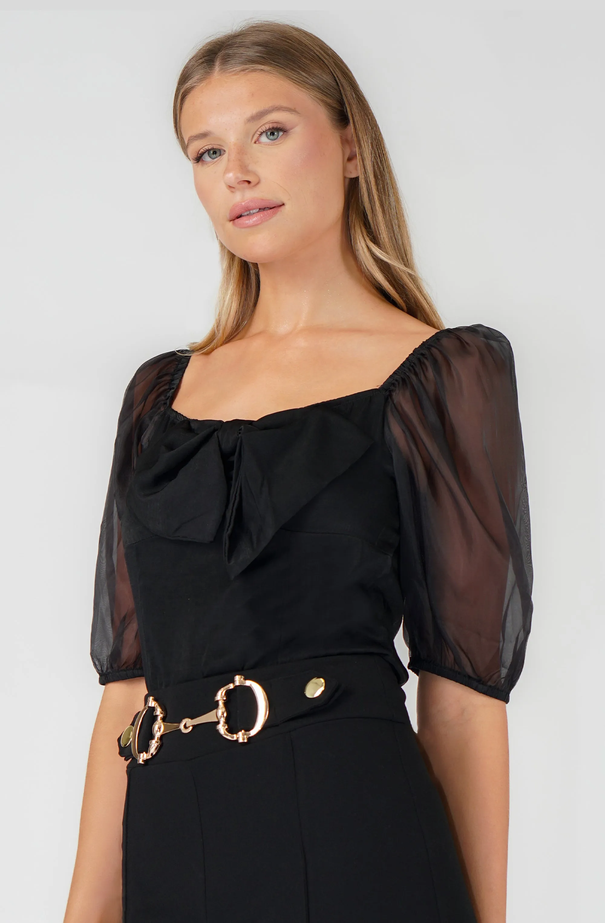 Satin Top with Sheer Organza Puff Sleeve