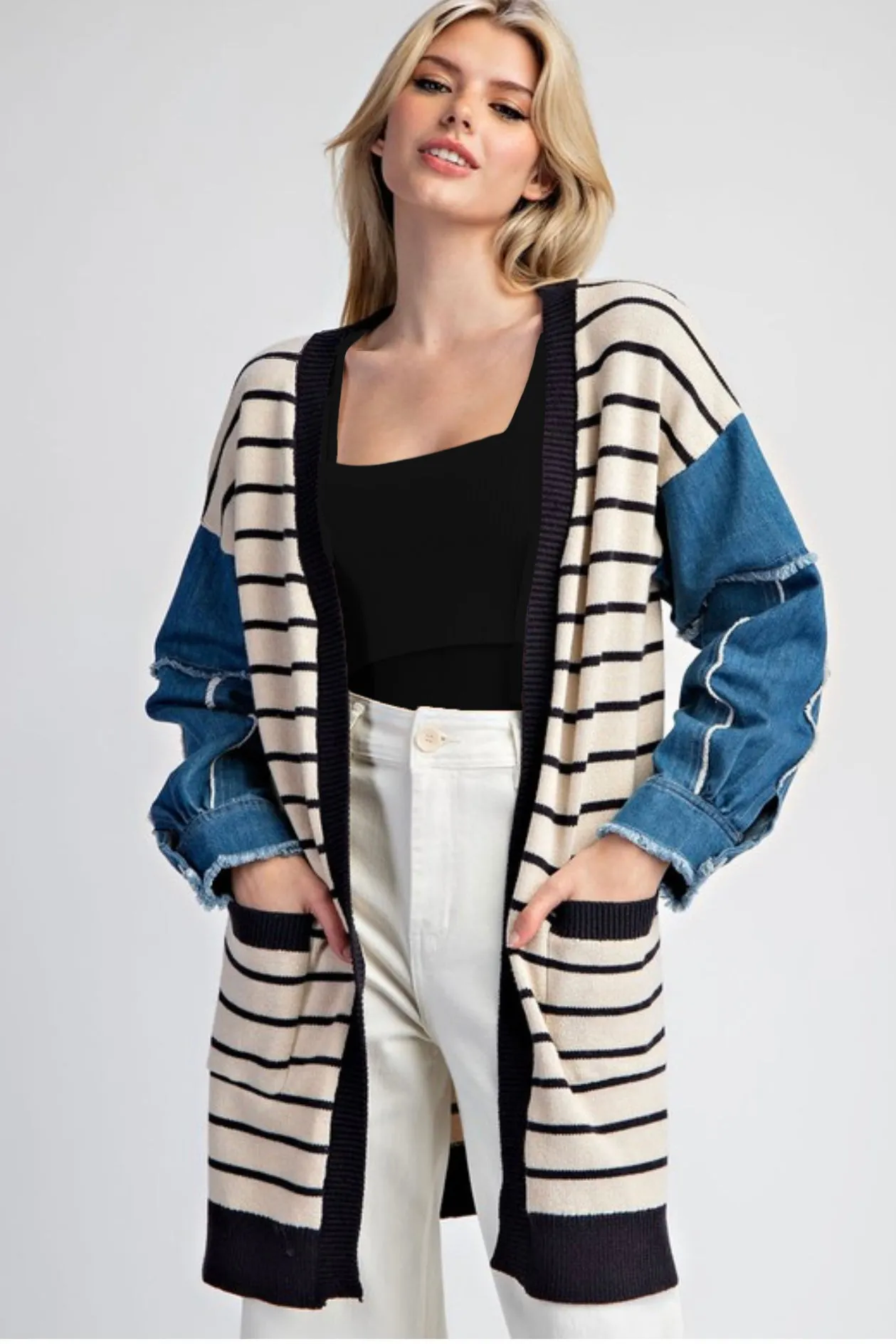 Striped Denim Sleeve Pocket Cardigan