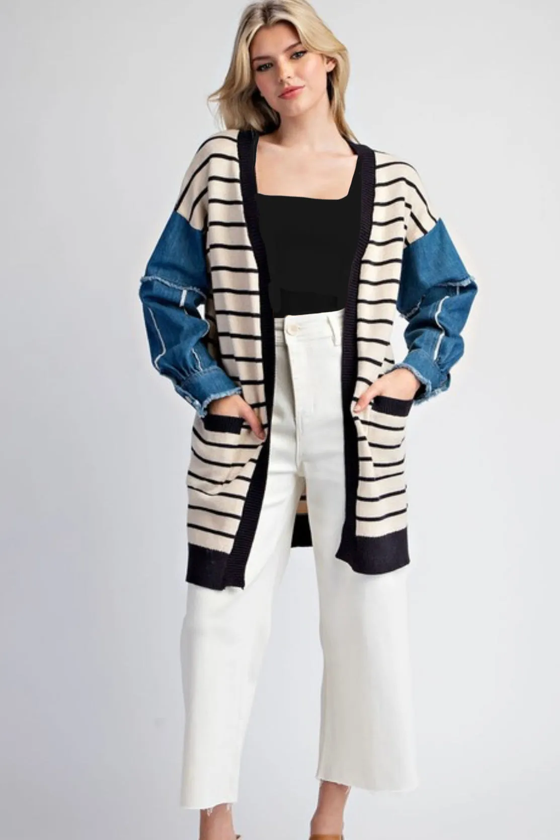 Striped Denim Sleeve Pocket Cardigan