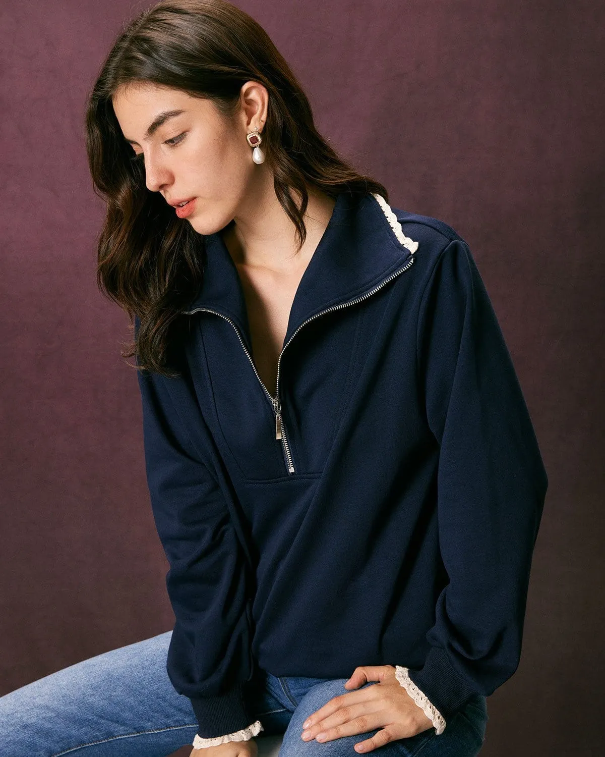 The Navy Stand Collar Half Zipper Sweatshirt