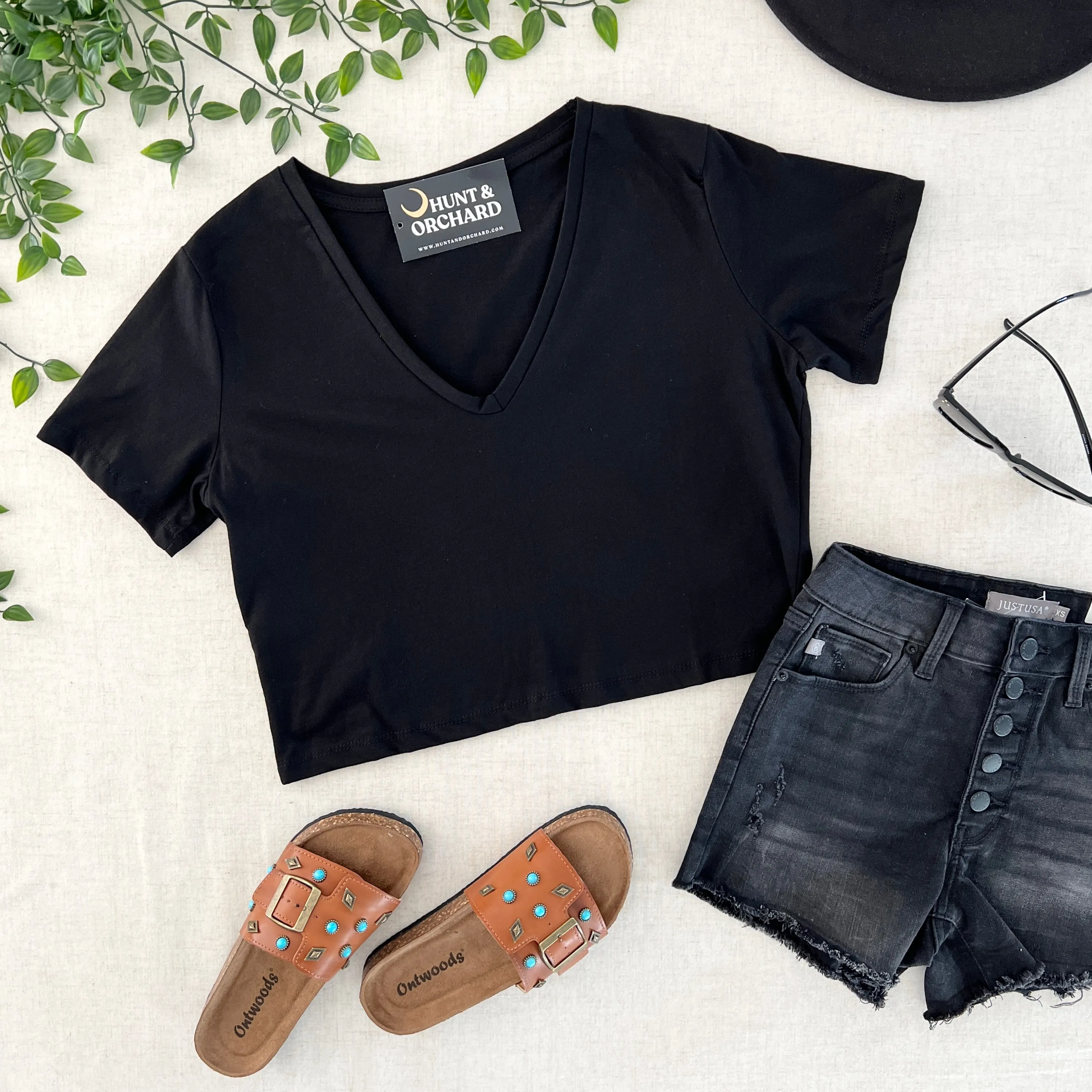 V Neck Crop Tee - Black